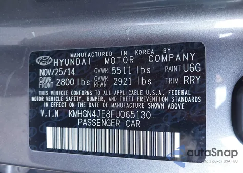 2015 Hyundai Genesis 3.8 from USA, damaged, VIN KMHGN4JE8FU065130